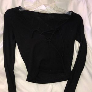 black brandy crop top with ties in the front